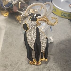 Rhinestone Black & White Elephant Brooch with Gold Accents